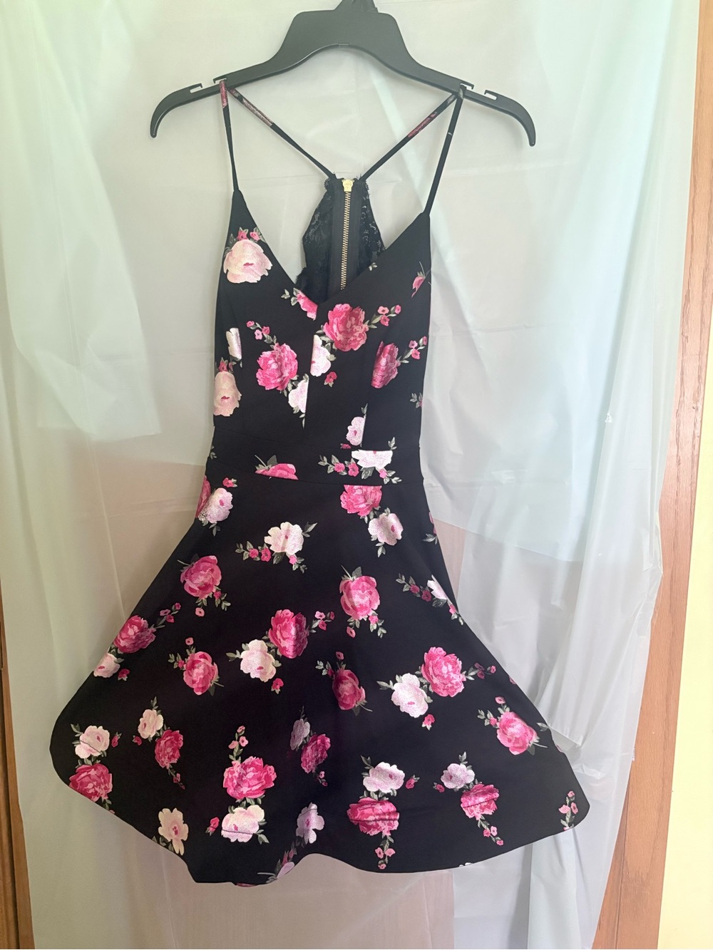 B. Smart Black Dress with Pink and Green Floral Accents